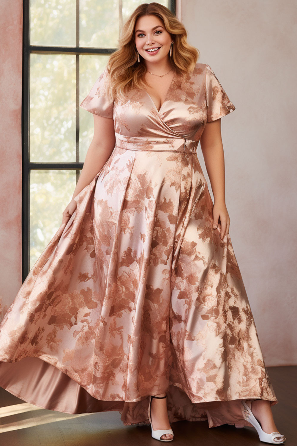 Flycurvy Plus Size Wedding Guest Champagne Satin Jacquard Wrap Neck Irregular Hem Maxi Dress 2024 - Flycurvy 