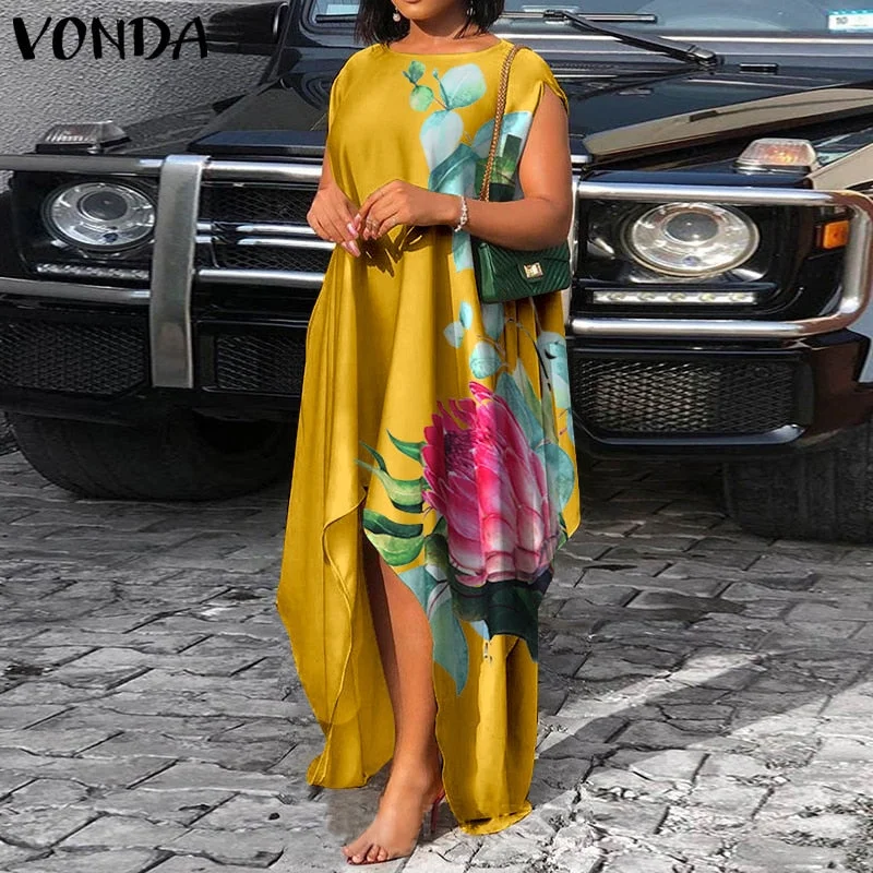 VONDA Bohemian Summer Maxi Dress 2022 Women Vintage Floral Print Satin Dresses Sexy Sleeveless Irregular Hem Vestidos Oversized