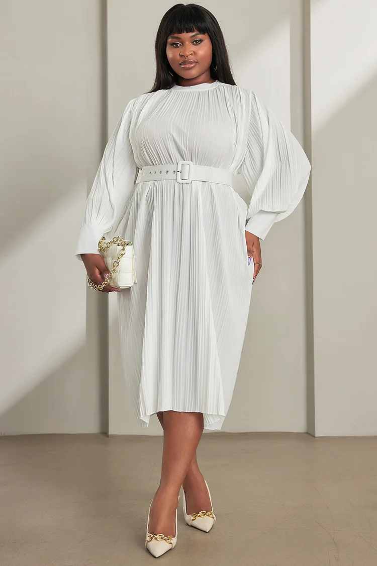 Xpluswear Design Plus Size Business Casual Midi Dresses Elegant Ivory Crew Neck Long Sleeve Pleated Lyocell Midi Dresses [Pre-Order]