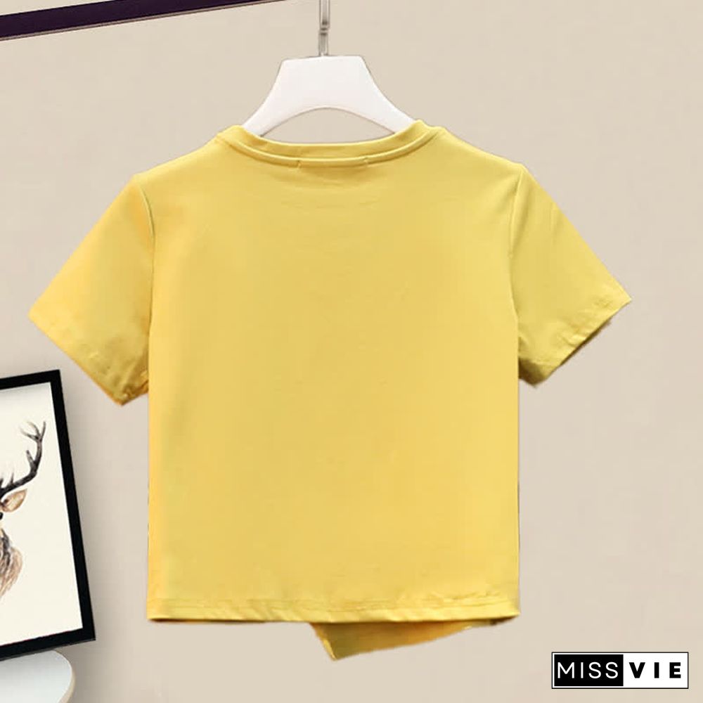 Pure Color Round Collar T-Shirt Floral Print Skirt Two Pieces Set