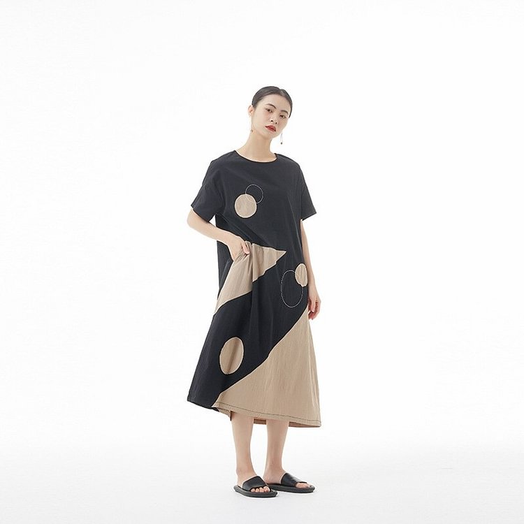 Fashion Loose O-neck Contrast Color Asymmetrical Dot Printed Short Sleeve Dress 