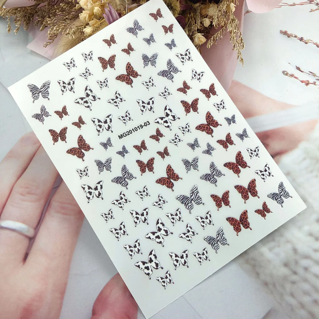 Leopardo Butterfly Design 3D Nail Art Stickers Leopard Adshive Stickers Slider Decals Tip Manicuring Art Decoration Accessory-Nail Inspo