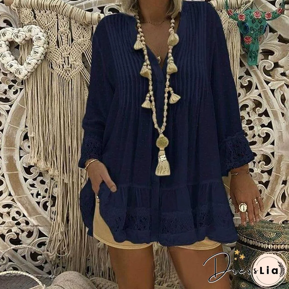Plus Size Lace Hollow Out Blouses Shirts Casual V Neck Long Sleeve Female Tunic Loose Dot Baggy Autumn Womens Tops And Blouses