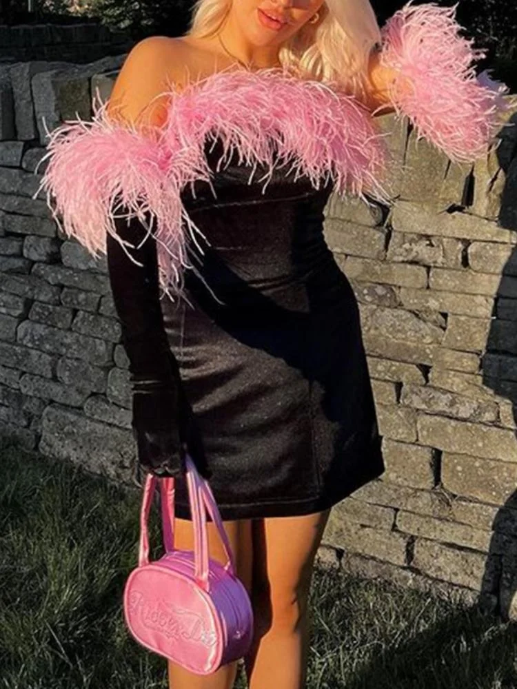 Neosepa-Chic Off Shoulder Long Sleeve Slim Cut Feather Black Mini Dress