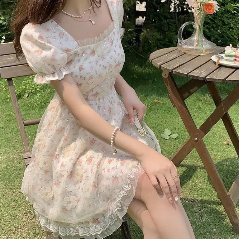 Uveng Mini Dresses Women Tender Sweet Summer Puff Sleeve Princess Vestidos Elegant Ladies Vintage Prairie Chic Fashion Casual