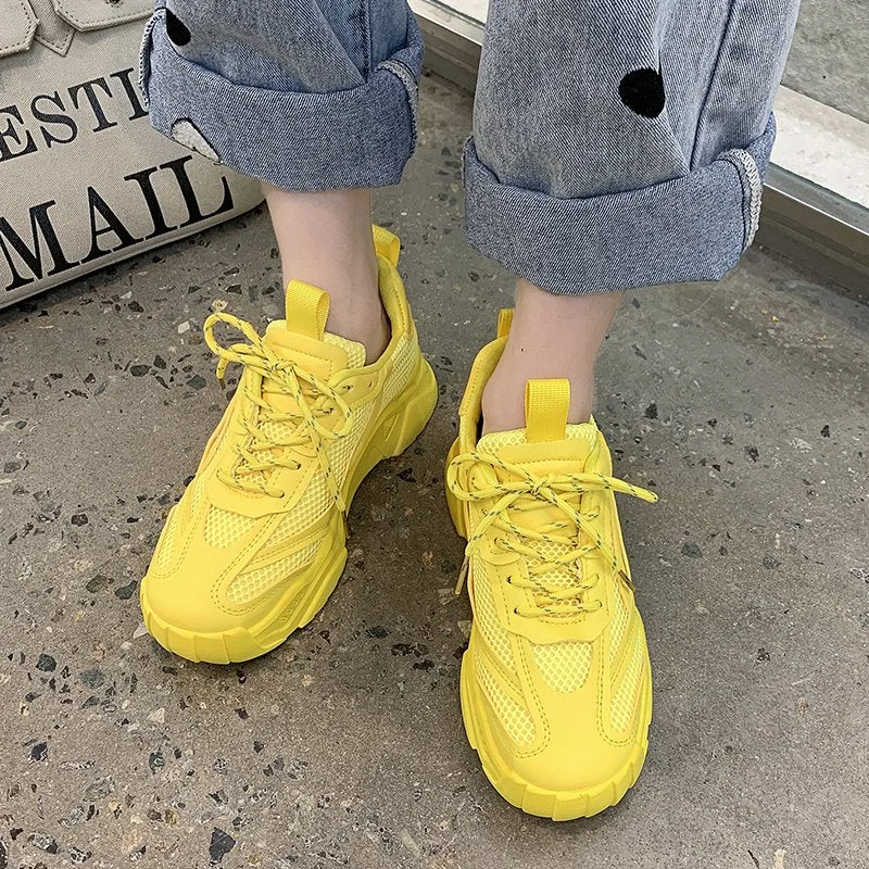 2022 Spring Autumn Platform Sneakers Women Casual Lace Up Thick Bottom Walking Shoes Woman Non Slip Yellow Sneakers Mujer