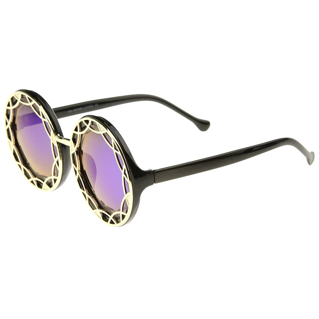 Women's Oversize Ornate Flat Pattern Color Mirror Lens Round glasses 55mm