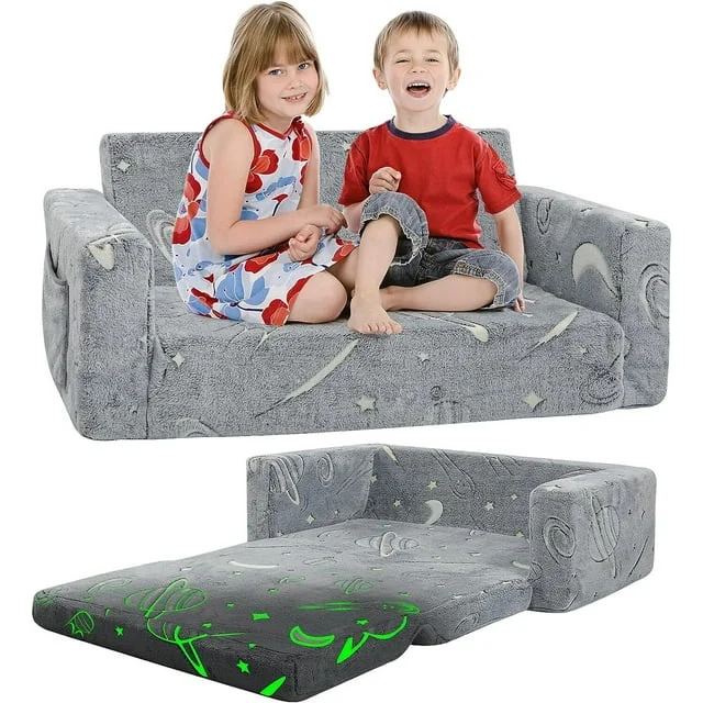 XIECUVA Kids Couch Toddler Chair Folding-Fold Out Flip Open Kids Sofa Extra Wide Glow in The Dark Baby Convertible Sofa to Lounger Pull Out Couch for Playroom,Foldable Toddler Bed for Kids Girls Boys