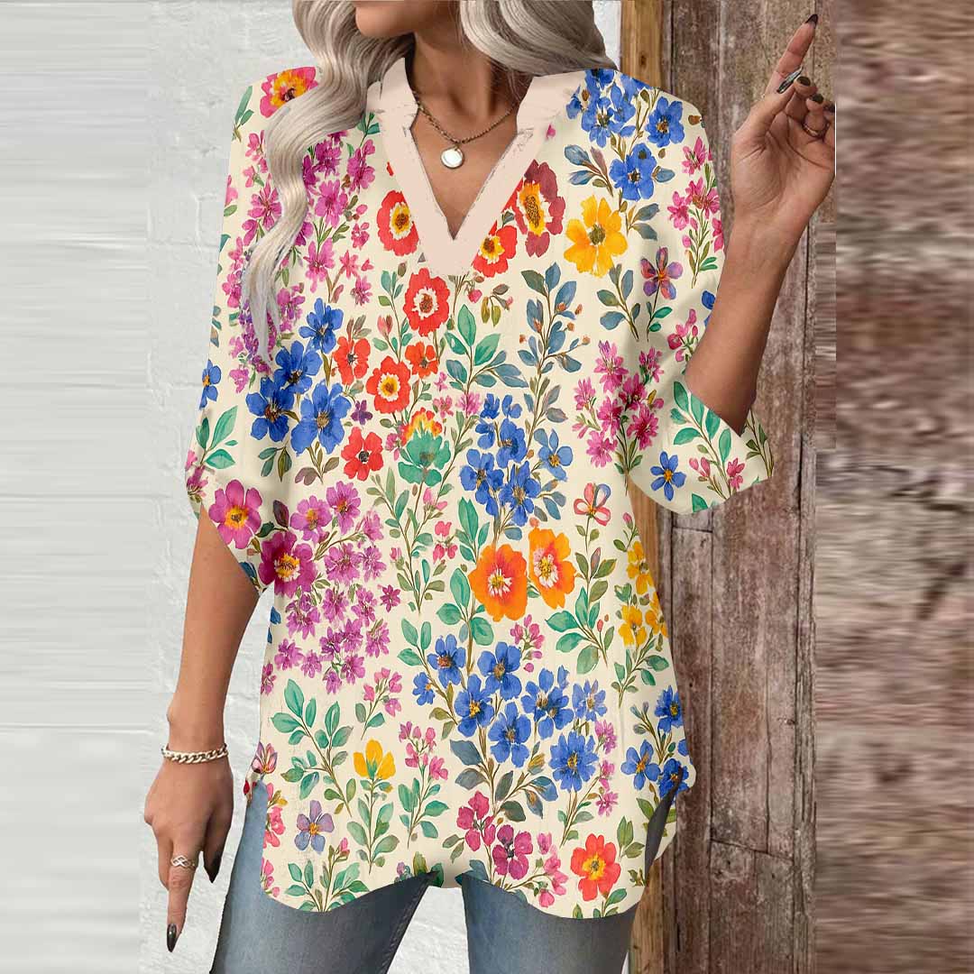 Women Floral, Colorful, Blue, Red DZGA0130 3/4 Sleeve V-neck Printed Graphic Button Tops