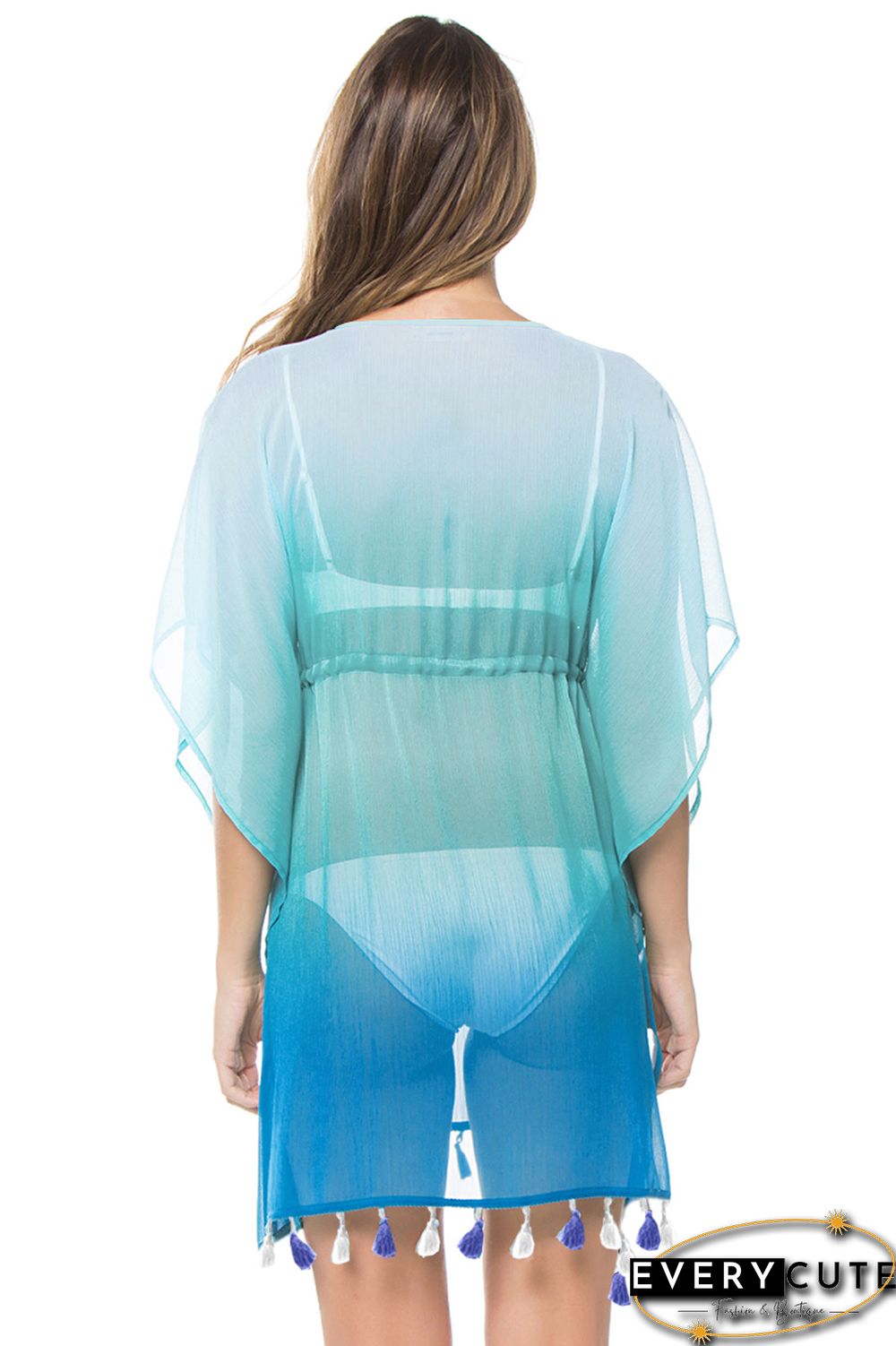 Sky Blue Ombre Sheer Tassel Trim Tunic