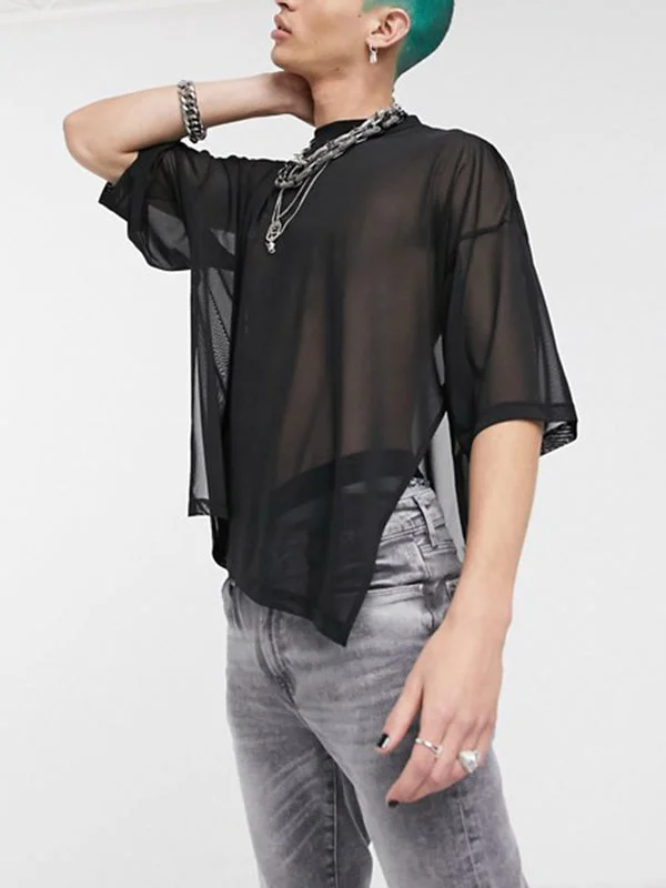 Aonga - Mens Mesh See Through Loose Short Sleeve T-ShirtsE