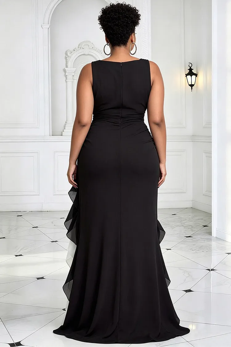 xpluswear black dresses Design Plus Size Formal Elegant V Neck Ruffle Asymmetric Hem Chiffon Maxi Black-2XL/18-20 The product does not imgupdate_20230108 Tank Logo Dress Black Size:10yrs