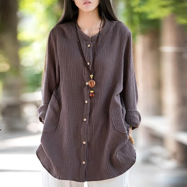2020 Spring New Vintage Loose Solid Color Cotton Linen O-Neck Long Sleeve Coats