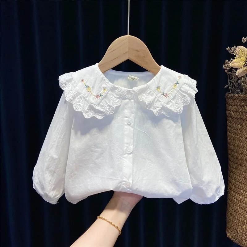 Toddler Baby Girl Cute Shirts Long Sleeve Cotton Tops for Kids Girls White Blouse Embroidery Lace Shirts for Teenage Girls