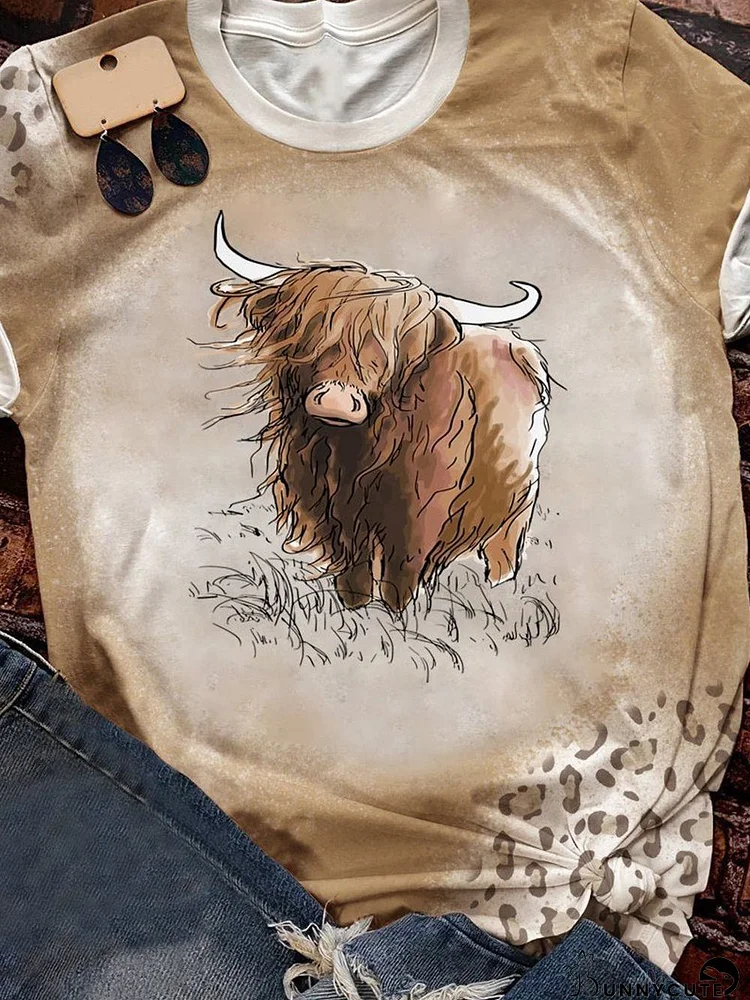 Western Highland Cattle Graphic Tee in Khaki Color