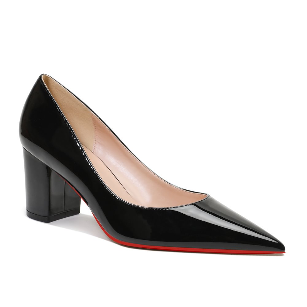 65mm Women Chunky Heels Red Bottom Shoes Comfortable Middle Block Heel Pumps-MERUMOTE