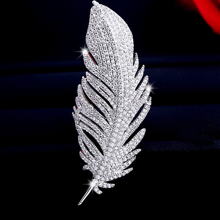 Silver Feather Brooch with Cubic Zirconia
