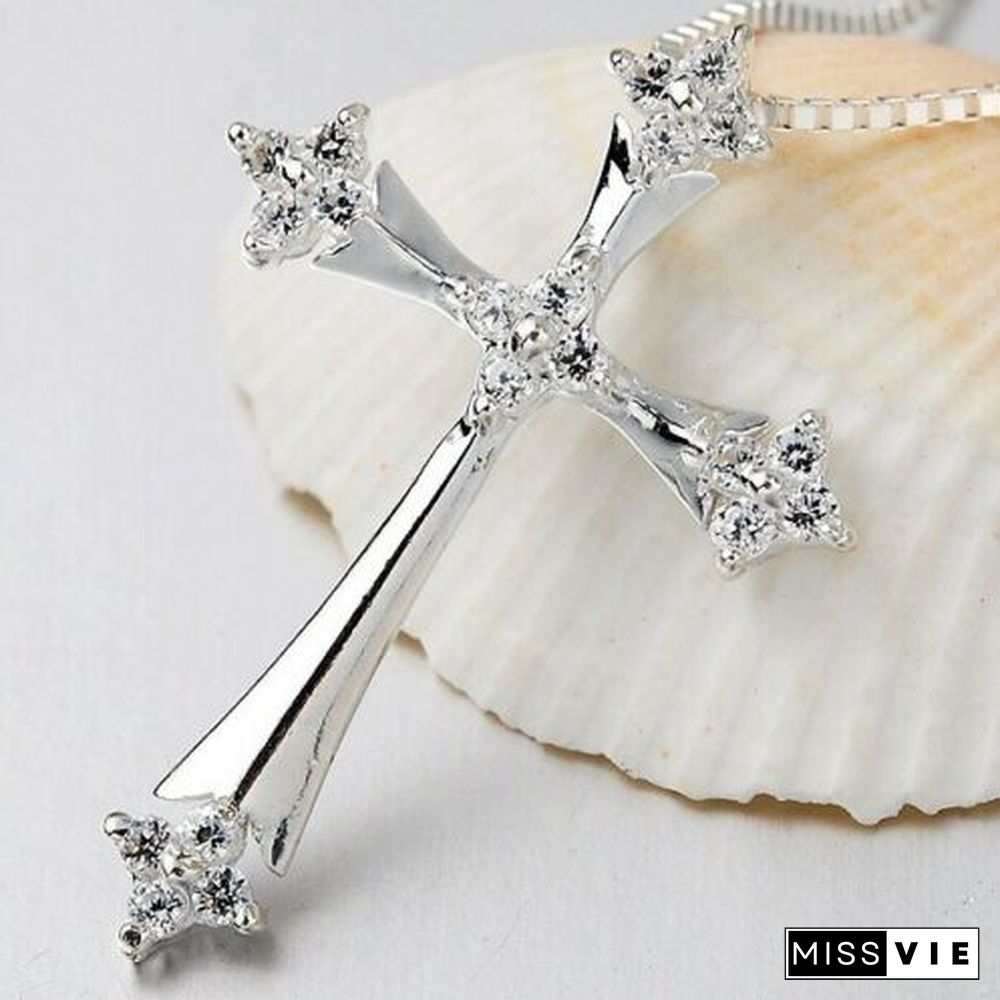 Fashion Cross Crystal Pendant 925 Sterling Silver Chain Necklace Women&rsquo;s Jewelry Luck Necklace Best Gifts