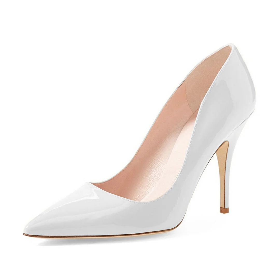 Simple Patent Leather Pointed Toe Stiletto Heel White Pumps