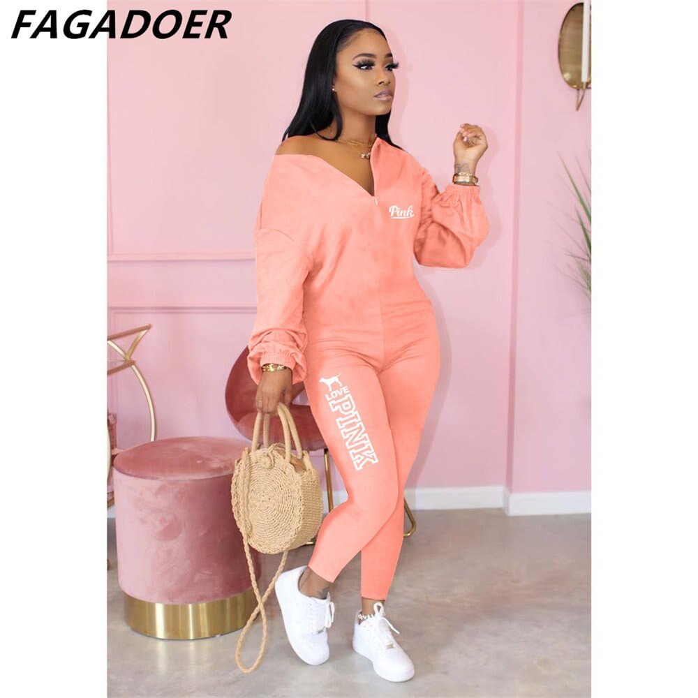 FAGADOER Women Casual PINK Letter Print Outfits One Piece Jumpsuits Playsuits Female V Neck Long Sleeve Overalls Sportwear 2022