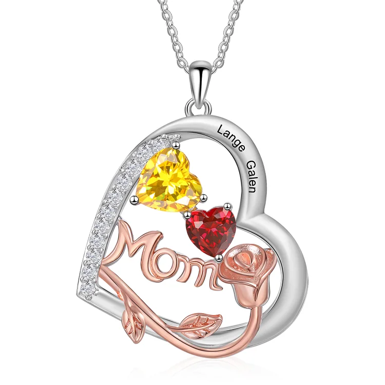 Kettenmachen Personalisierte 2 Namen Herz Rose Gravur "MOM" Halskette mit 2 Geburtssteinen