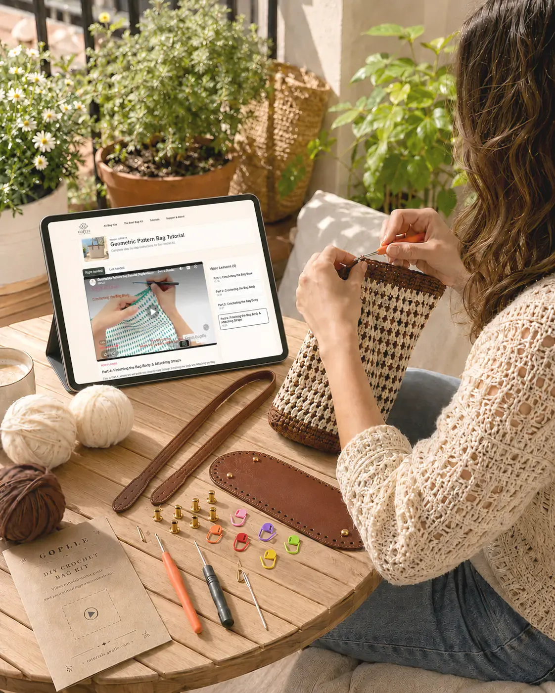 A woman enjoying a handmade crochet tote project