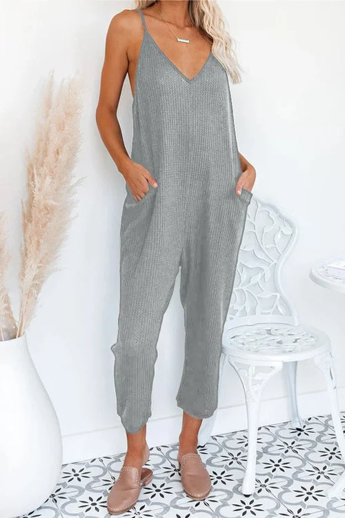Pockets Cropped Mid Waist Stripe Casual Loose Backless Jumpsuit