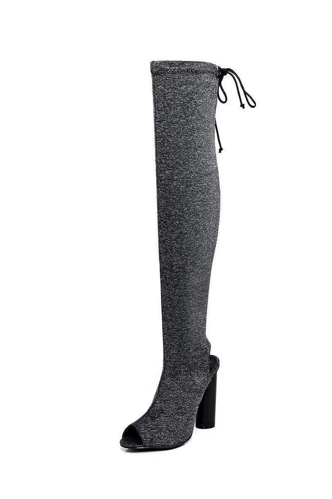 Grey Over-the-Knee Chunky Heel Peep Toe Boots Vdcoo