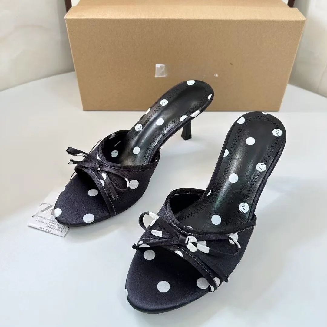Breakj Breakj Home 2025 New Women's Shoes Fashion With Back Empty Slippers Fabric Bows Decorated With High Heel Sandals