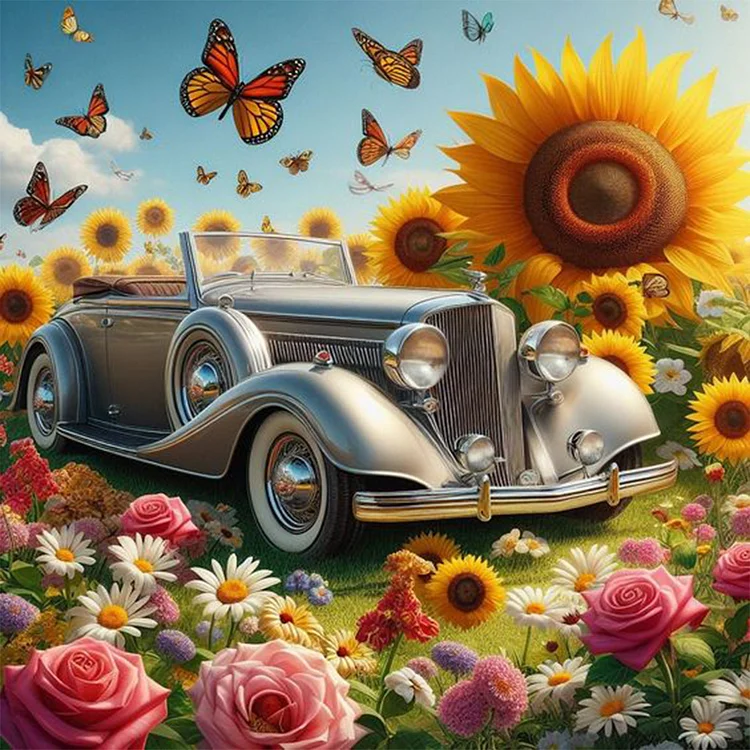 Sunflower Garden Car 30*30CM (Canvas) Full Round Drill Diamond Painting gbfke