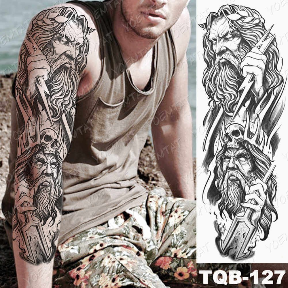 Large Arm Sleeve Tattoo  Bear Skull Waterproof Temporary Tatto Sticker God Zeus Poseidon Body Art Full Fake Tatoo Women Men