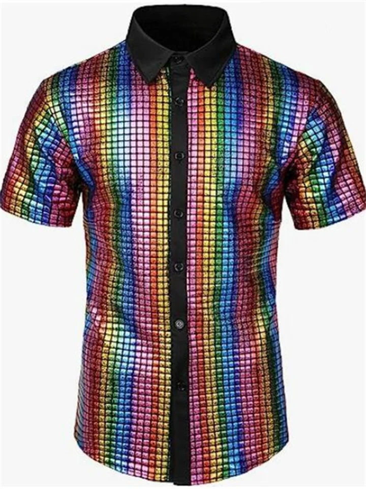 Men's Fashion Hot Gold Shirt Short-sleeved Lapel Color Loose Casual Shirt Plaid Shirt-Cosfine
