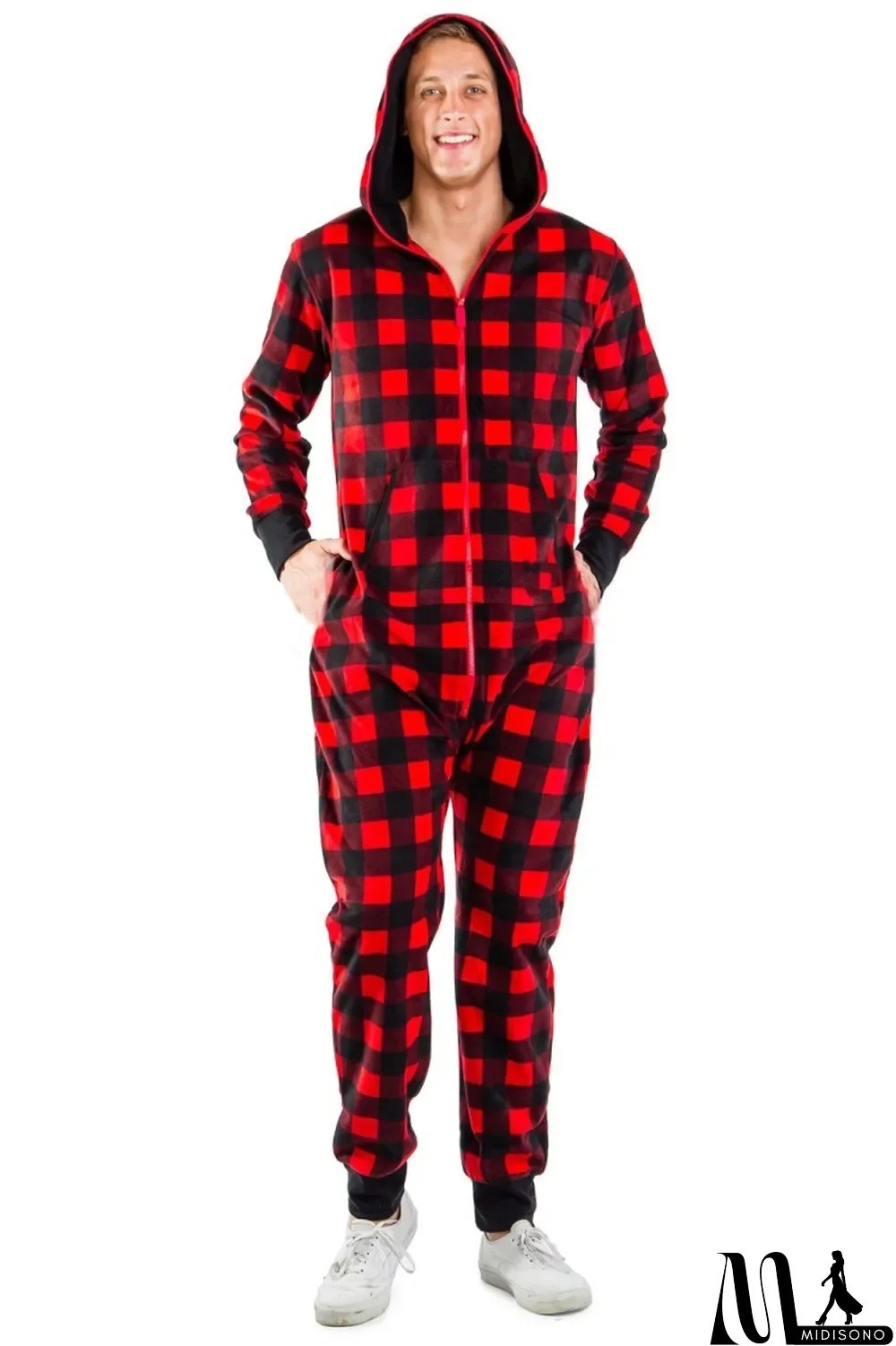 MidiSono - Men's Christams Red Plaid Long Sleeve Zipper Hood Onesies Jumpsuit