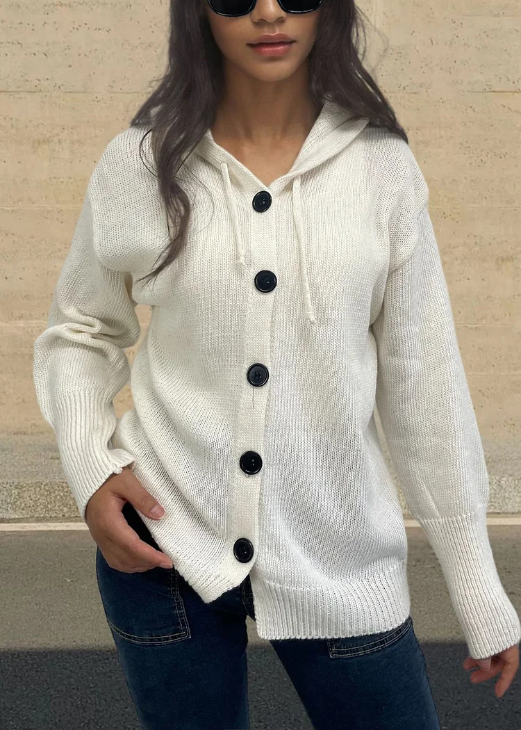 Style White Hooded Button Knit Loose Coat Fall