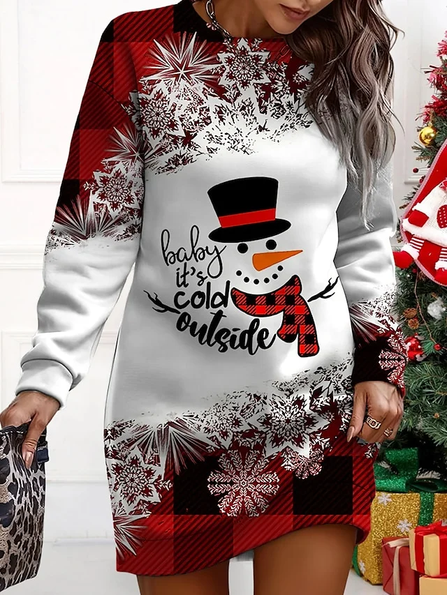 Women‘s Christmas Casual Dress Sweatshirt Dress Mini Dress Warm Fashion Outdoor Holiday Crew Neck Print Snowman Print Loose Fit Wine Red Purple S M L XL XXL