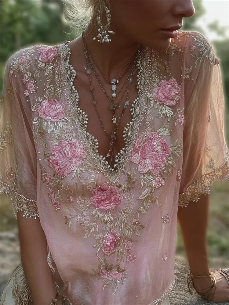 Vintage Boho Glitter Floral Lace Flowy Linen Tunic