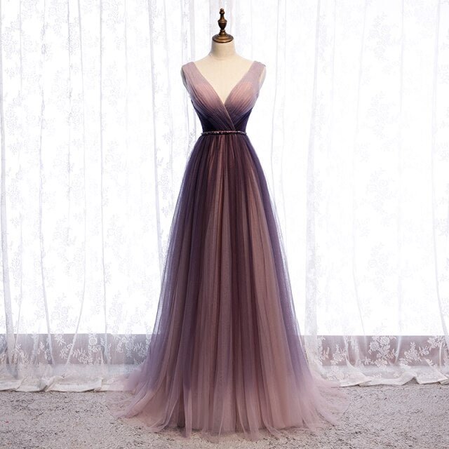 Elegant Deep V-Neck Lace-Up Backless Prom Dress BE695