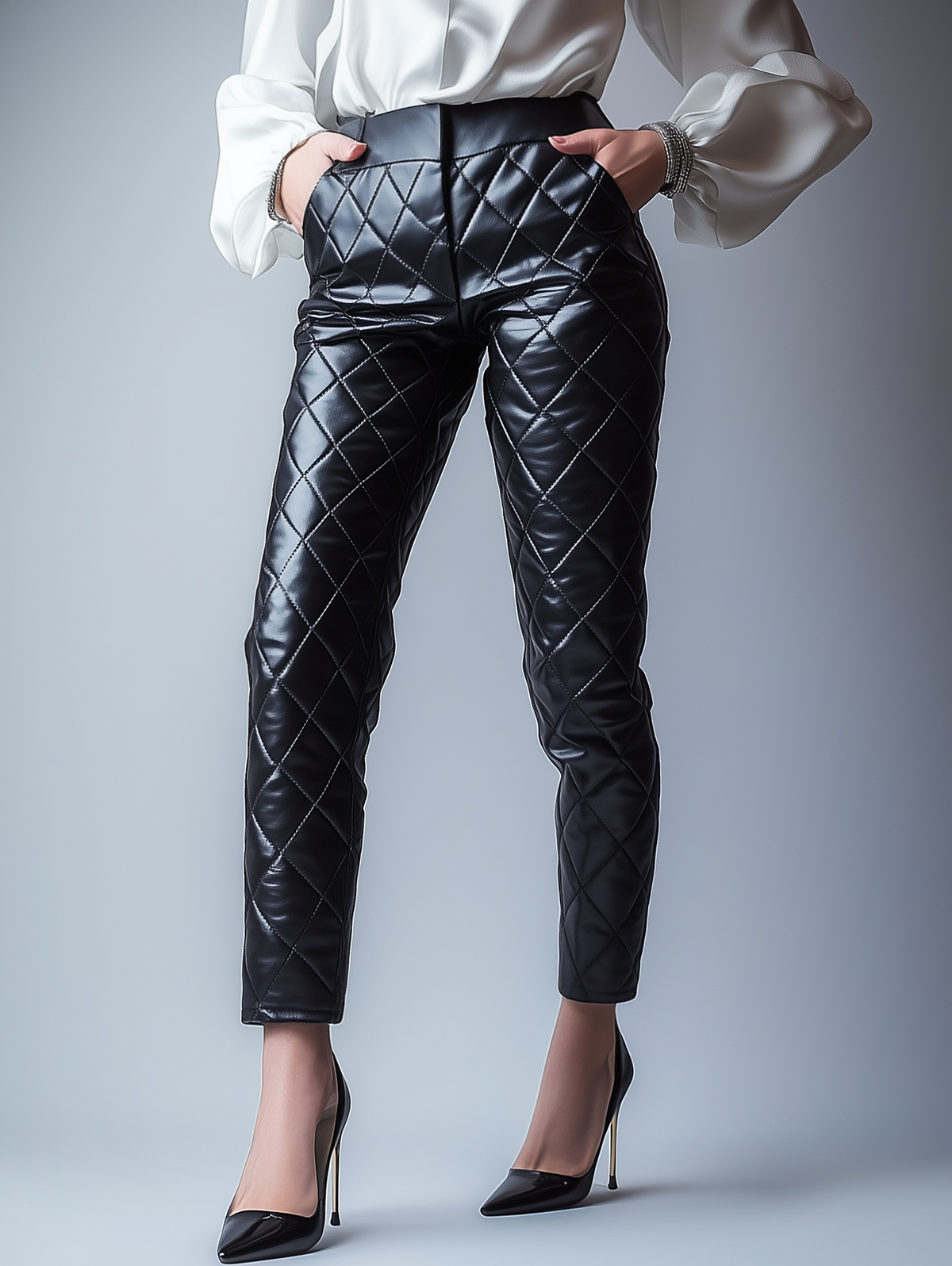 Ursime Slant Pocket Straight PU Leather Quilted Pants