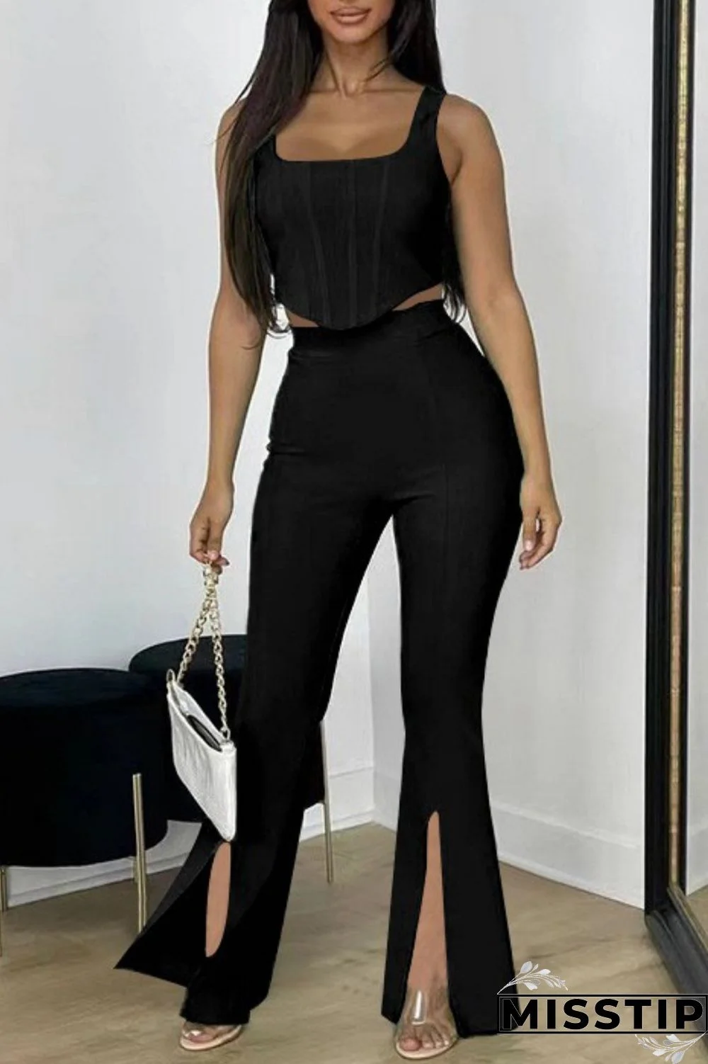 Green Casual Solid Vests Pants U Neck Sleeveless Two Pieces