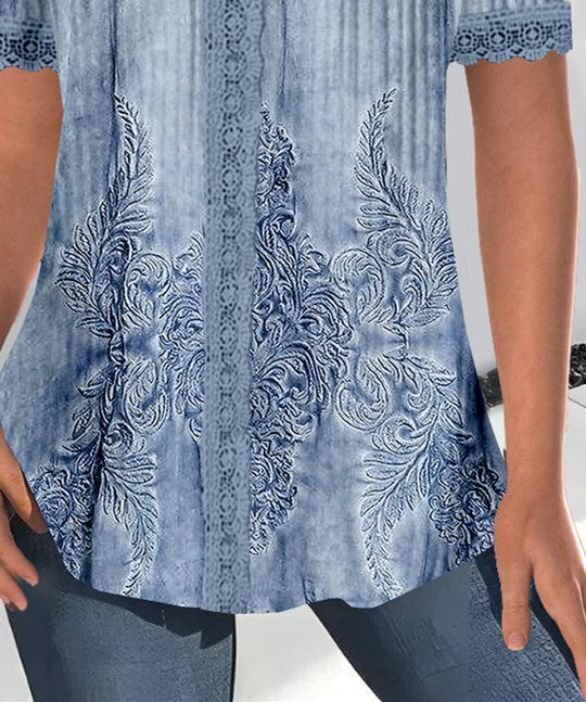 Women Short Sleeve V-neck Floral Printed Printed Graphic Lace Tops