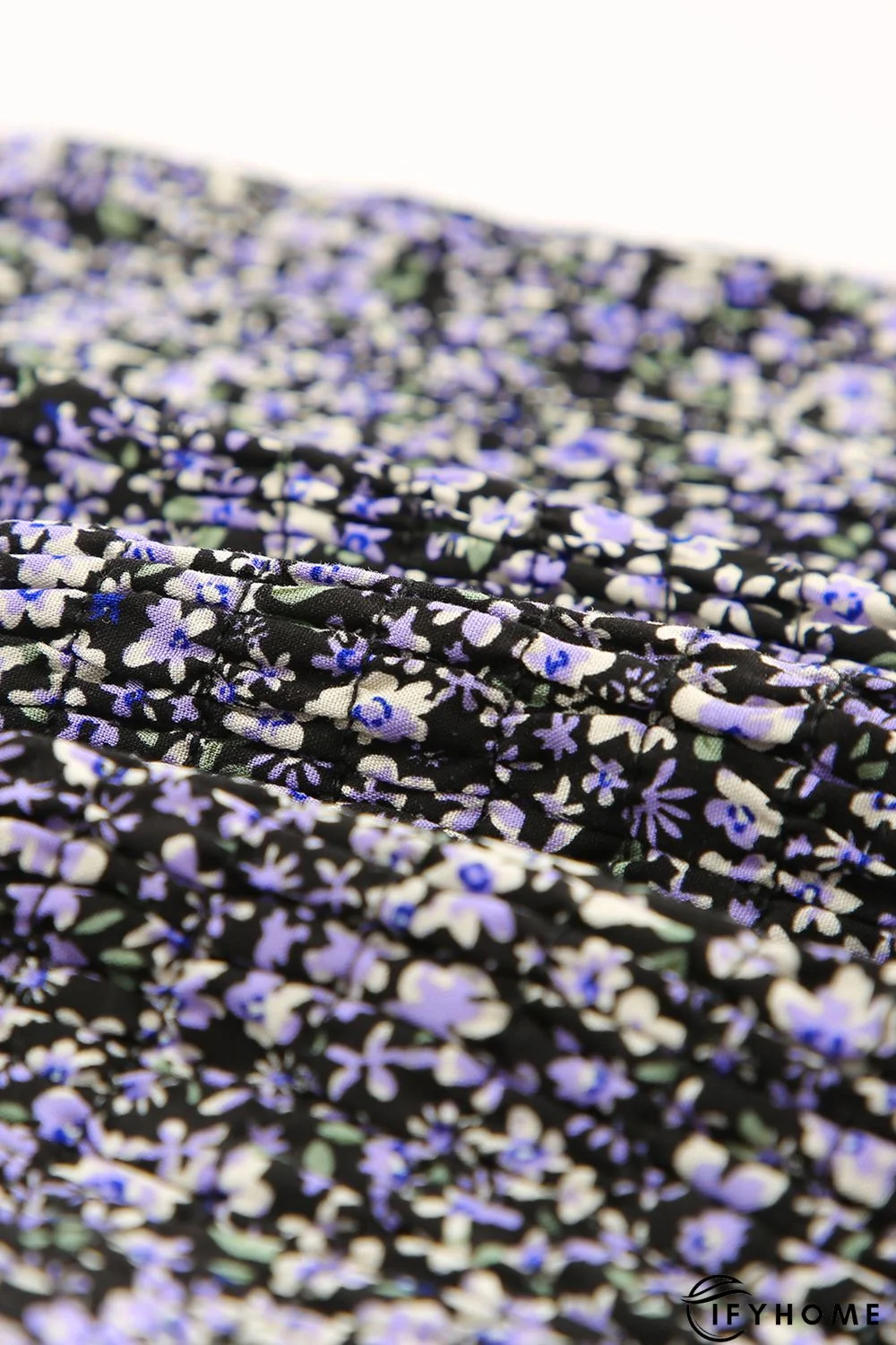 Purple Floral Print Shirred Slim-fit Long Sleeve Mini Dress | IFYHOME