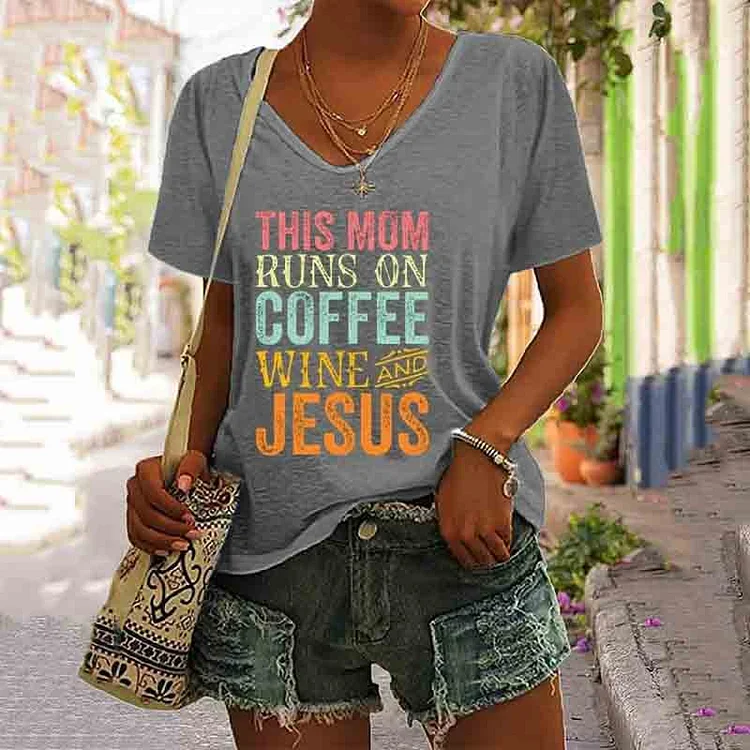 VChics This Mama Runs On Coffee And Jesus T-Shirt