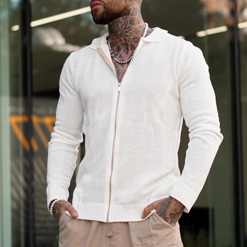 Cozymoo Men's White Long Sleeve Casual Fashion Zip Knit Sweater