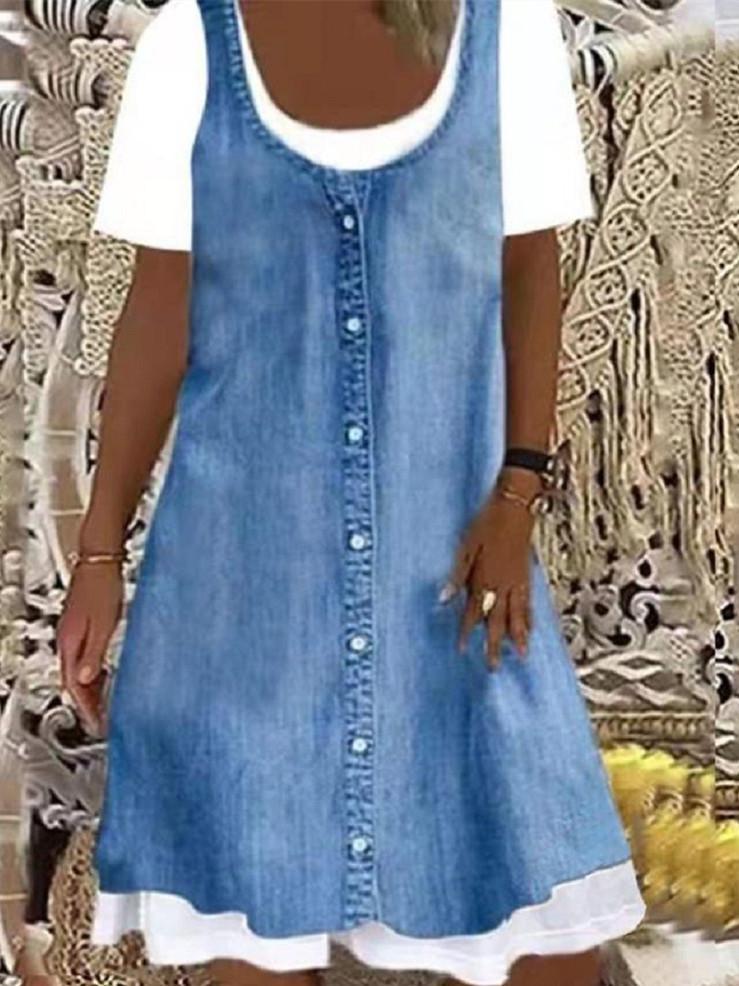 Women Short Sleeve Scoop Neck Stitching Dress