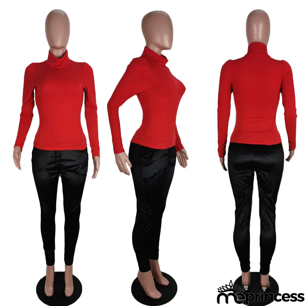 Solid Turtleneck Knitted Long Sleeve Slim Tops