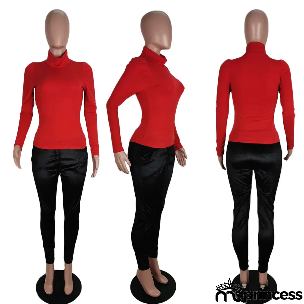 Solid Turtleneck Knitted Long Sleeve Slim Tops