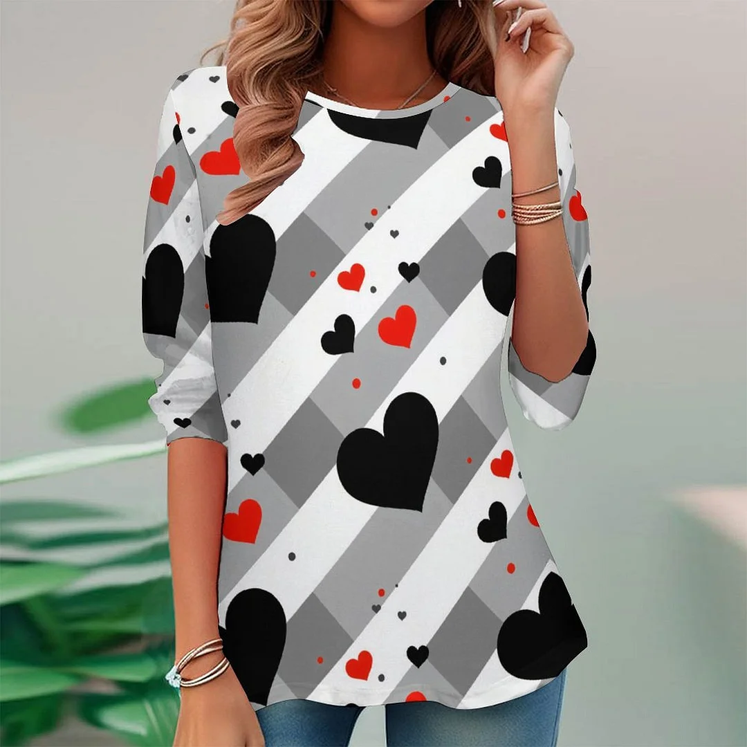 Vintage Printed Long Sleeve Plus Size Tunic for  Women and Men Unisex Pattern Heart,Love,Valentine's Day