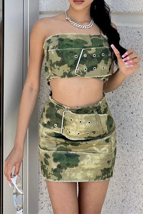 Camouflage Hot Buckled Design Skirt Suit