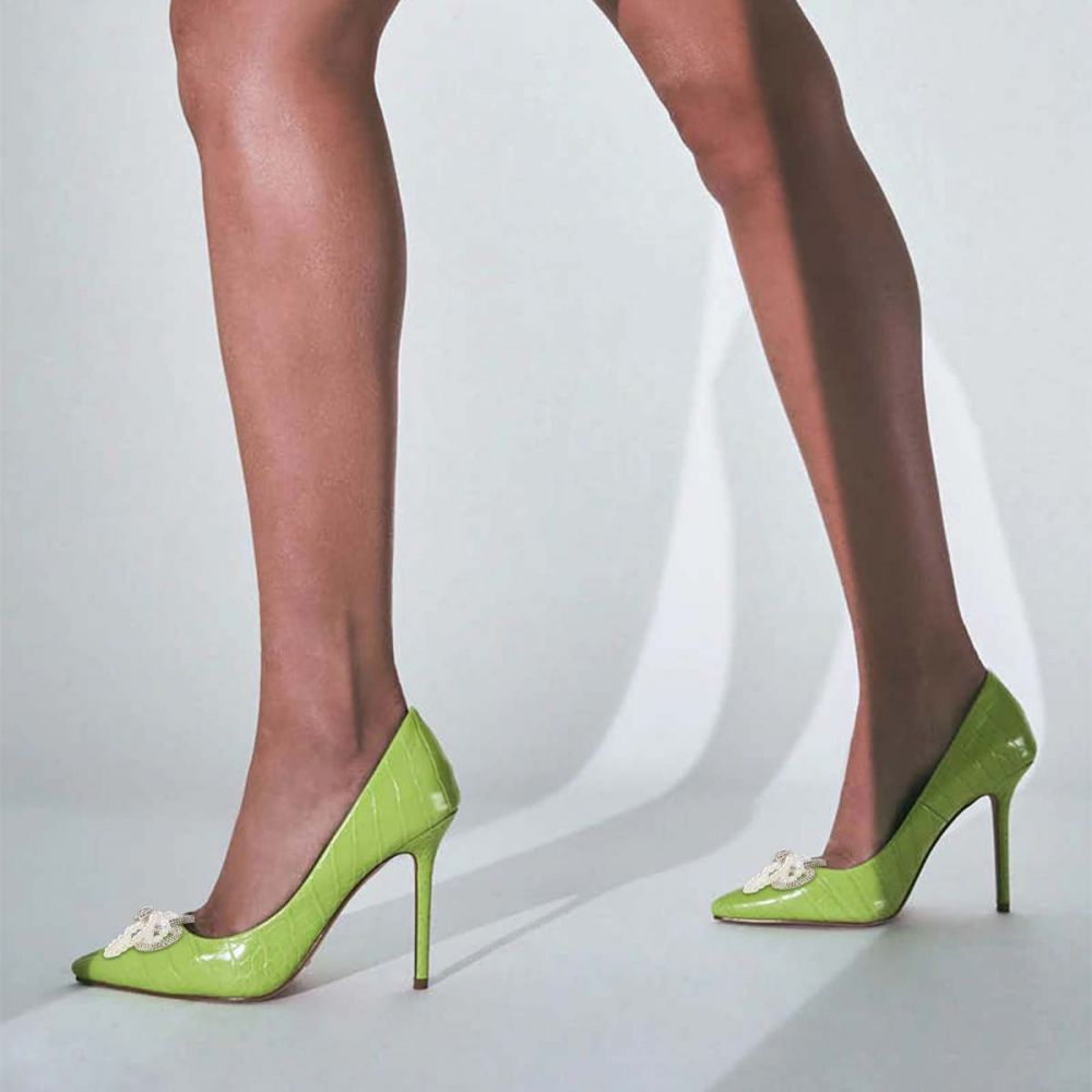 Chic Green Pointed Toe Croco Embossed Pearl Bow Pumps Heels Nicepairs