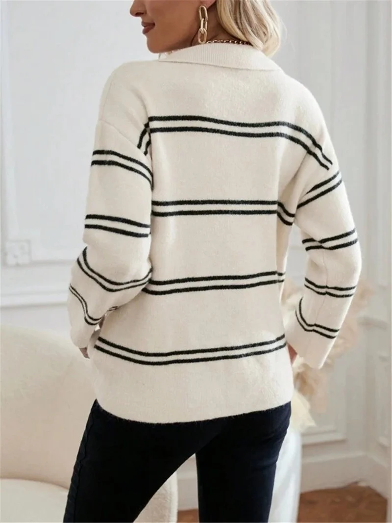 Athvotar Athvotar And Winter Loose V-Neck Stripes Bumpy Long-Sleeved Polo Shirt Sweater